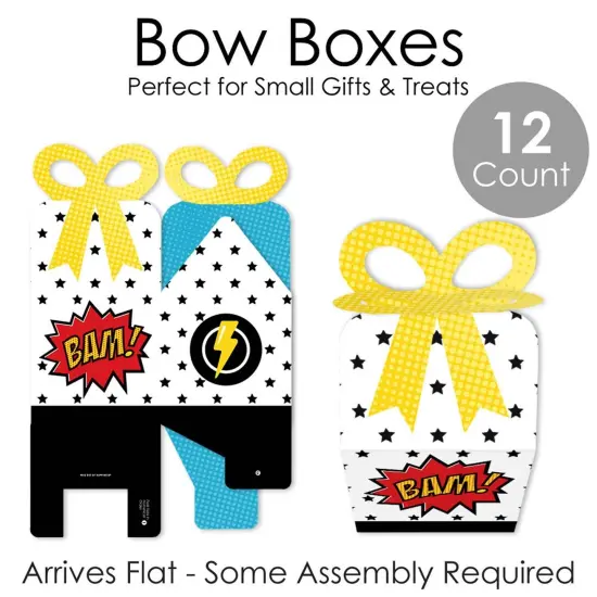 Big Dot of Happiness Bam Superhero - Square Favor Gift Boxes - Baby Shower or Birthday Party Bow Boxes - Set of 12 {7}