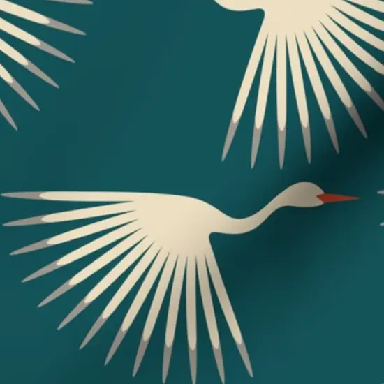 Various Fabrics by the Yard or Fat Quarter Birds Teal Art Deco Crane Fly Long Neck Wings Sunburst Animal Swan Feather Flair Cream Teal Orange Migration Modern Graphic Air Sky Flock Custom Printed Fabric by Spoonflower {7}