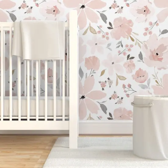 Pre-Pasted Wallpaper 2FT Wide Pastel Floral Blush Pink Peach Flowers Jumbo Scale Feminine Watercolor Custom Pre-pasted Wallpaper by Spoonflower {7}