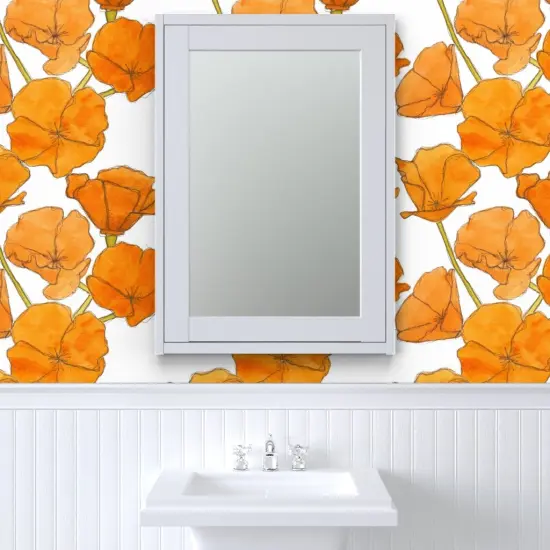 Pre-Pasted Wallpaper 2FT Wide California Poppy Watercolor Floral Orange Poppies Large Scale Custom Pre-pasted Wallpaper by Spoonflower {6}
