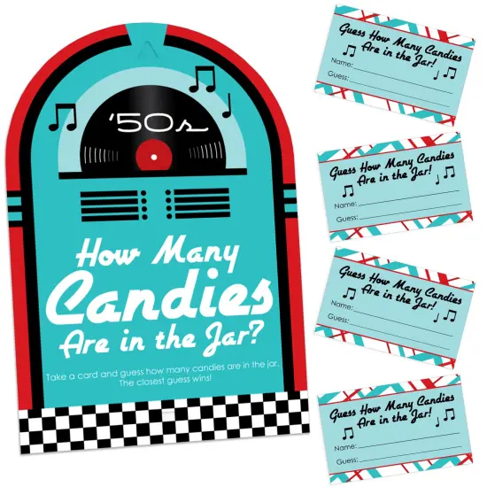 Big Dot of Happiness 50&rsquo;s Sock Hop - How Many Candies 1950s Rock N Roll Party Game - 1 Stand and 40 Cards - Candy Guessing Game {1}