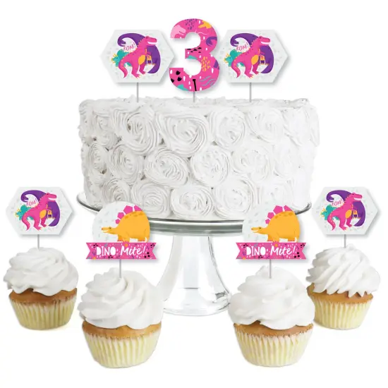 Big Dot of Happiness 3rd Birthday Roar Dinosaur Girl - Dessert Cupcake Toppers - Three Rex Dino Third Birthday Party Clear Treat Picks - Set of 24 {1}