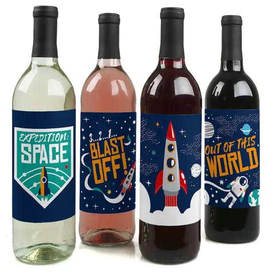 Big Dot of Happiness Blast Off to Outer Space - Rocket Ship Baby Shower Birthday Party Decor for Women & Men - Wine Bottle Label Stickers - Set of 4 {1}