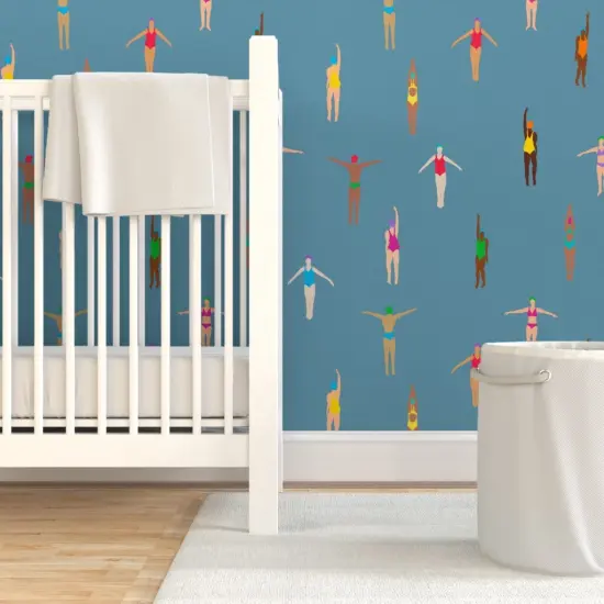 Pre-Pasted Wallpaper 2FT Wide Swimmers Dusty Blue Water Holiday Sun Summer Tropical Custom Pre-pasted Wallpaper by Spoonflower {7}