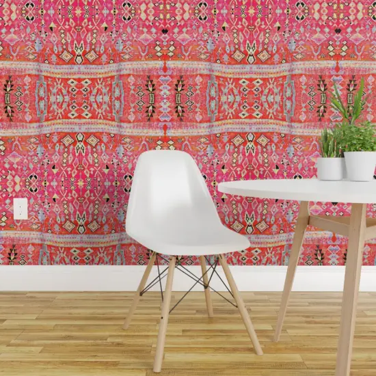 Pre-Pasted Wallpaper 2FT Wide Tropical Orange Pink Moroccan Style Turkish Inspired Kilim Boho Sunset Custom Pre-pasted Wallpaper by Spoonflower {1}