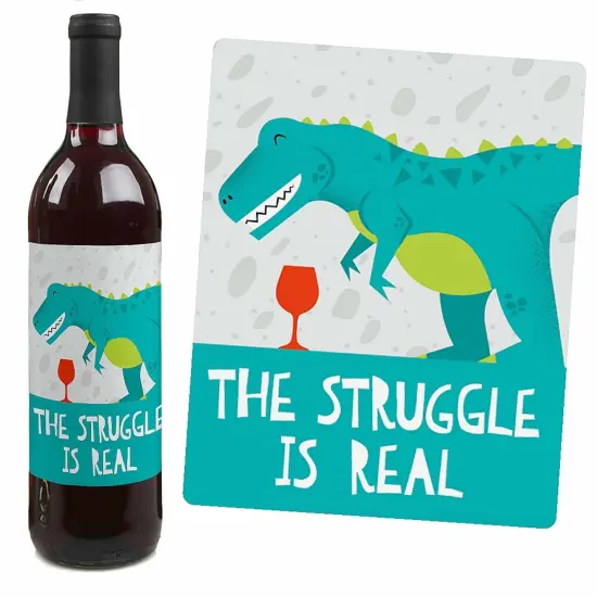 Big Dot of Happiness Roar Dinosaur - Dino Mite T-Rex Party Decorations for Women and Men - Wine Bottle Label Stickers - Set of 4 {4}