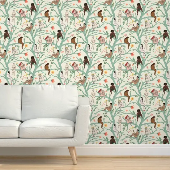 Pre-Pasted Wallpaper 2FT Wide Boho Women Floral Trees Turquoise Botanical Naked Feminist Nudes Health Diversity Gardens Body Climbing Vines Garden Of Eden Custom Pre-pasted Wallpaper by Spoonflower {5}