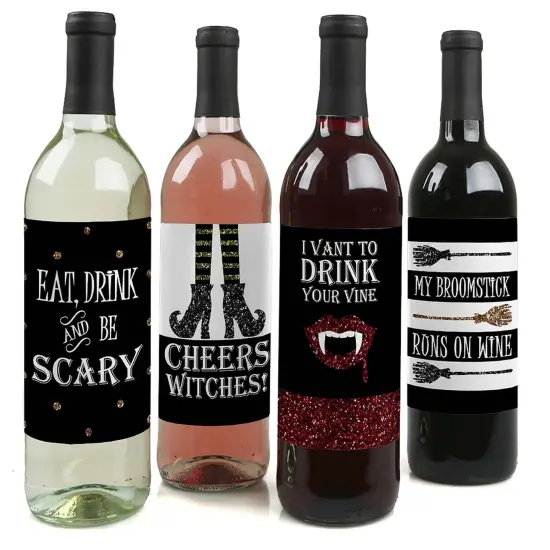 Big Dot of Happiness Spooktacular - Eat, Drink and Be Scary Halloween Party Decorations for Women and Men - Wine Bottle Label Stickers - Set of 4 {1}