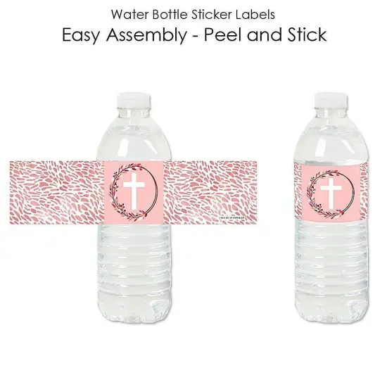 Big Dot of Happiness Pink Elegant Cross - Girl Religious Party Water Bottle Sticker Labels - Set of 20 {3}