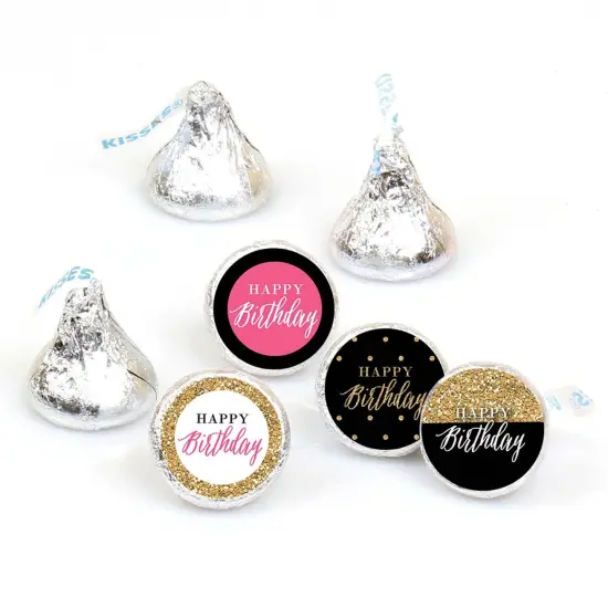 Big Dot of Happiness Chic Happy Birthday - Pink, Black and Gold - Round Candy Sticker Favors - Labels Fits Chocolate Candy (1 sheet of 108) {1}