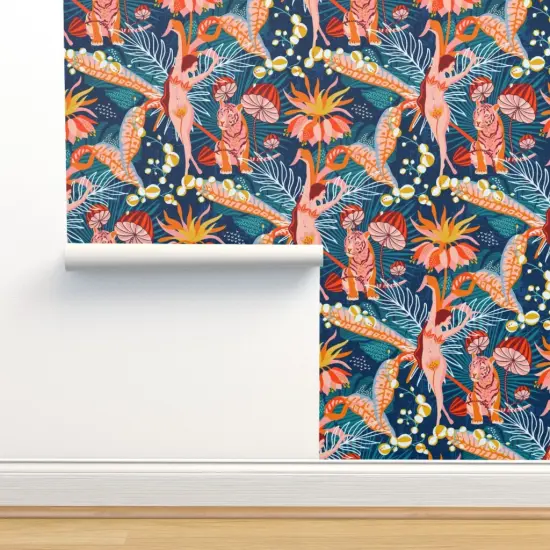 Pre-Pasted Wallpaper 2FT Wide Maximalist Tropical Surrealism Jungle Flowers Woman Dancer Coral Tiger Custom Pre-pasted Wallpaper by Spoonflower {2}