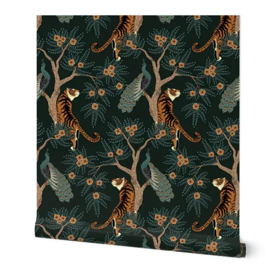 Peel & Stick Wallpaper 2FT Wide Tiger Chinoiserie Bengal Peacock Asian Inspired Dark Teal Orange Romantic Floral Victorian Custom Removable Wallpaper by Spoonflower {7}