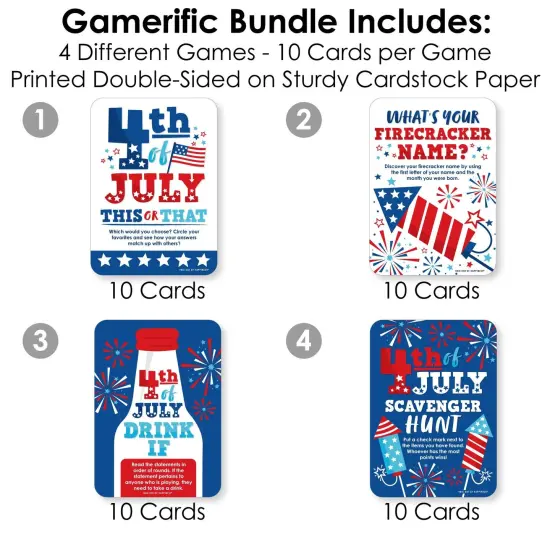 Big Dot of Happiness Firecracker 4th of July - 4 Red, White and Royal Blue Party Games - 10 Cards Each - Gamerific Bundle {4}