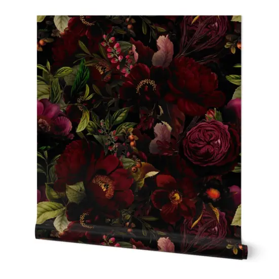 Peel & Stick Wallpaper 2FT Wide Vintage Botanical Dark Chintz Gothic Victorian Moody Romantic Redoute Roses Large Scale Custom Removable Wallpaper by Spoonflower {7}