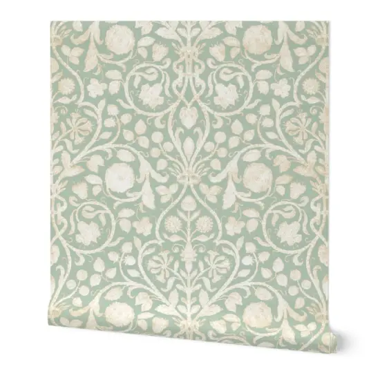 Peel & Stick Wallpaper 2FT Wide Mint Damask Floral Garden Victorian Arts And Crafts French Botanical Green Aqua Gray Custom Removable Wallpaper by Spoonflower {7}
