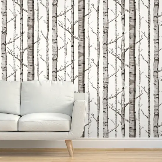 Peel & Stick Wallpaper 2FT Wide Grey Woodland Forest Aspen Birch Winter Cabincore Custom Removable Wallpaper by Spoonflower {5}