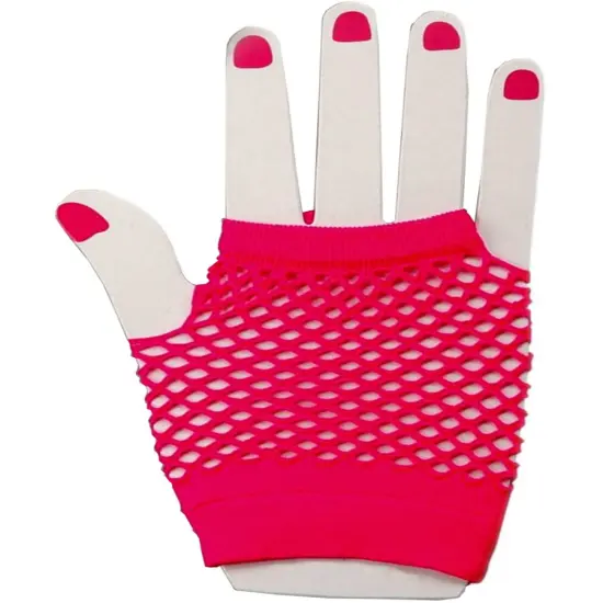 AdultsNeon Pink Fishnet Fingerless 80s Rock Costume Half Gloves {1}