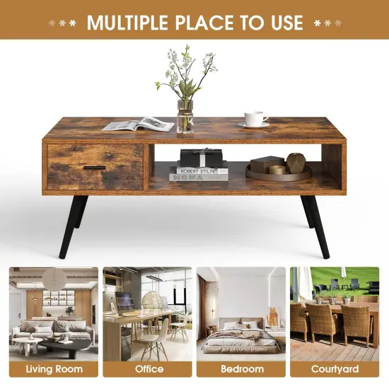 Retro Rectangular Coffee Table with Drawer and Storage Shelf-Rustic Brown {6}