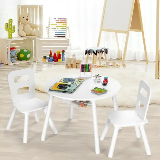 Wood Activity Kids Table and Chair Set with Center Mesh Storage White {3}