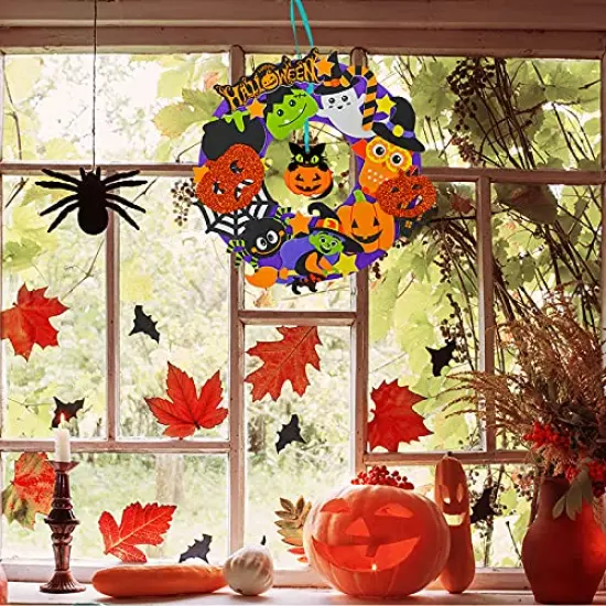 Winlyn 12 Sets Halloween Wreath Decorations Foam Halloween Wreath Signs Craft Kits Pumpkins Jack-O`-Lantern Owl Ghost Witch Bats Monster Stickers for Kids Art Gift Favors Trick-Or-Treaters Front Door {2}