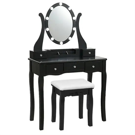10 Dimmable Lights Vanity Table Set with Lighted Mirror and Cushioned Stool Black {2}