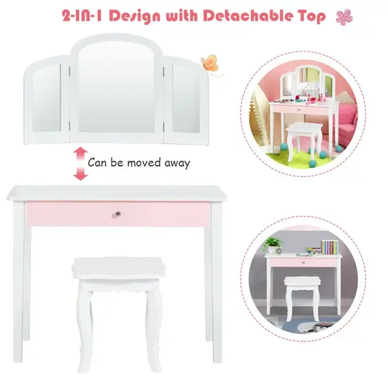 Kids Princess Make Up Dressing Table with Tri-folding Mirror and Chair White {3}