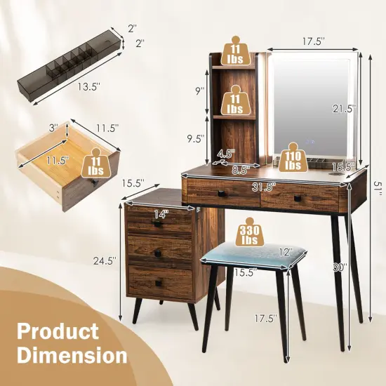 Vanity Makeup Table Set with Lighted Mirror and 3-in-1 Charging Station Brown {4}