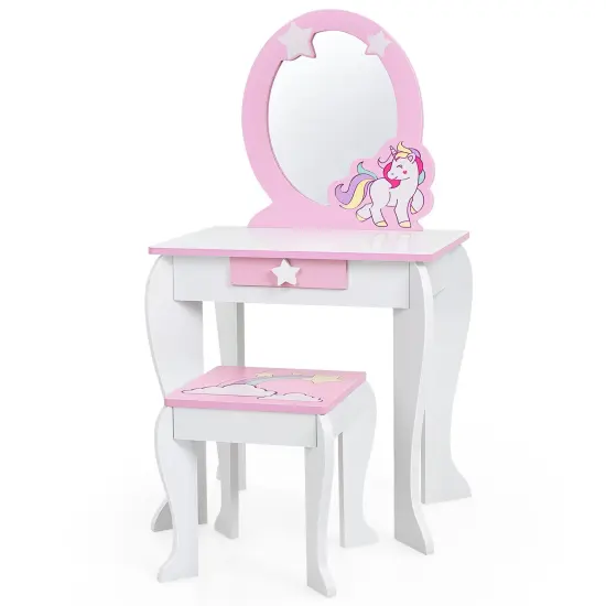 Kids Wooden Makeup Dressing Table and Chair Set with Mirror and Drawer White {1}