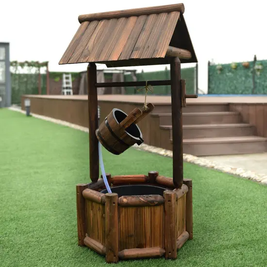 Garden Rustic Wishing Well Wooden Water Fountain with Pump {3}