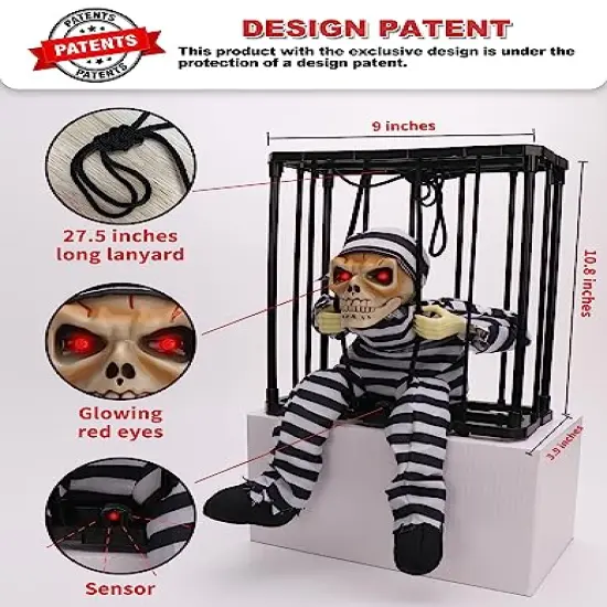 Screaming Animated Halloween Decorations, Halloween Decor Prop with Motion Sensor, Scary Skull Cage Prisoner Haunted House Decor, Spooky Hanging Ghost Light Up Eyes Decorations {6}