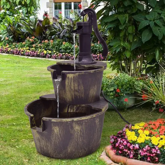 2 Tiers Outdoor Barrel Waterfall Fountain with Pump {3}
