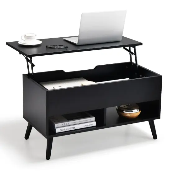 Lift Top Coffee Table with Hidden Compartment and 2 Storage Shelves Black {1}