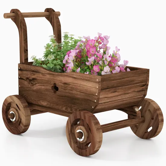 Decorative Wooden Wagon Cart with Handle Wheels and Drainage Hole-Rustic Brown {4}
