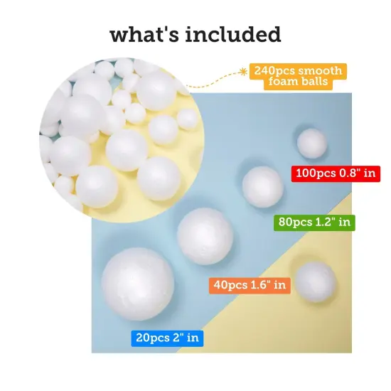 Incraftables Foam Balls 240pcs (0.8, 1.2, 1.6 & 2 inch). Assorted Foam Balls for Crafts. White Foam Balls for Solar System Project, DIY Arts & Slime. Best Round Large & Small Foam Balls {3}