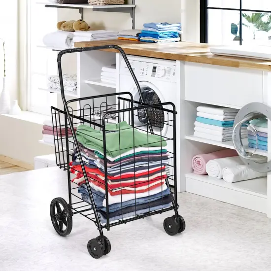 Folding Shopping Cart for Laundry with Swiveling Wheels & Dual Storage Baskets Black {2}