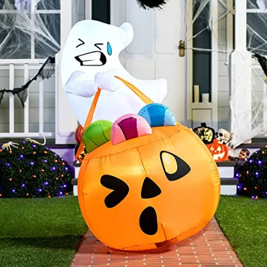 Joiedomi 5 FT Tall Halloween Inflatable Cute Ghost Inflatable Lift Pumpkin Candy Bag with Build-in LEDs Blow Up Inflatables for Halloween Party Indoor, Outdoor, Yard, Garden, Lawn Decorations {6}