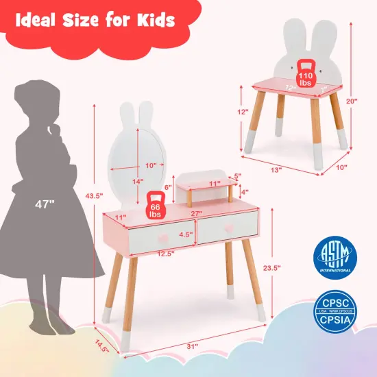 Kids Vanity Table and Chair Set with Drawer Shelf and Rabbit Mirror White {5}