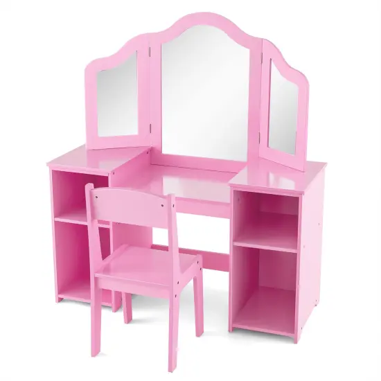 Kids Vanity Table and Chair Set with Removable Tri-Folding Mirror Pink {1}