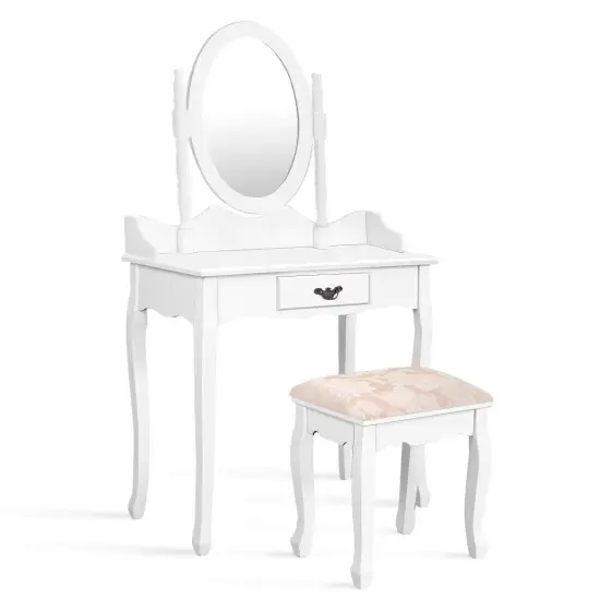 Wooded Vanity Table Set with Oval Mirror and Rotating Mirror {2}