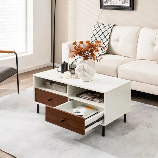 2 Tier 40 Inch Length Modern Rectangle Coffee Table with Storage Shelf and Drawers-White {6}