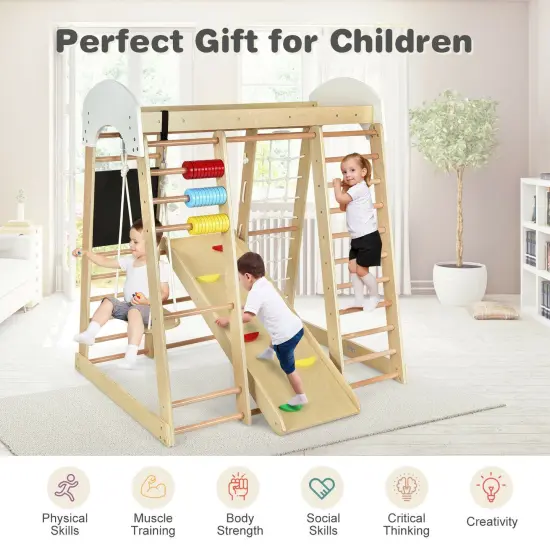 8-in-1 Multi-Functional Kids Wooden Climber Gym Playset Suitable for Indoor or Outdoor Space Natural {3}