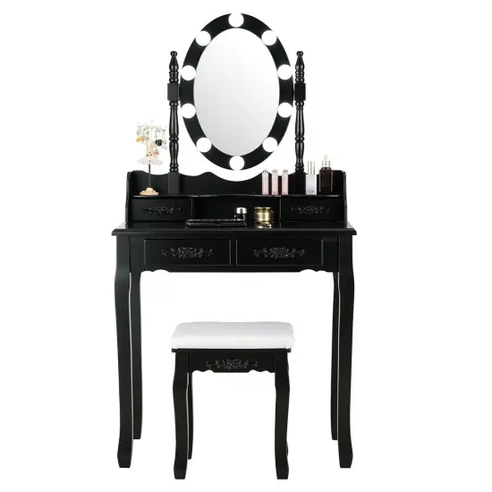 Makeup Dressing Table with Touch Switch Lighted Mirror and Cushioned Stool Black {5}
