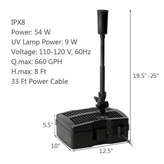 All-in-One 660 GPH Pond Filter Pump with Sterilizer and Fountain Jet {4}
