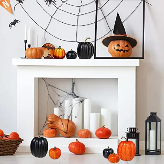 Winlyn 14 Pcs Assorted Artificial Harvest Orange and Black Pumpkins Foam Pumpkins Decorative Pumpkins for Farmhouse Rustic Fall Halloween Thanksgiving Table Centerpiece Mantel Shelf Kitchen Decor {6}