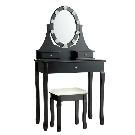 3 Drawers Lighted Mirror Vanity Dressing Table Stool Set {2}