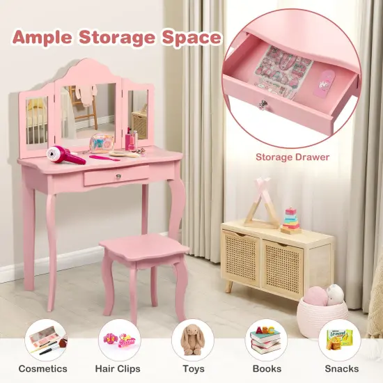 Kids Makeup Dressing Mirror Vanity Table Stool Set Pink {6}