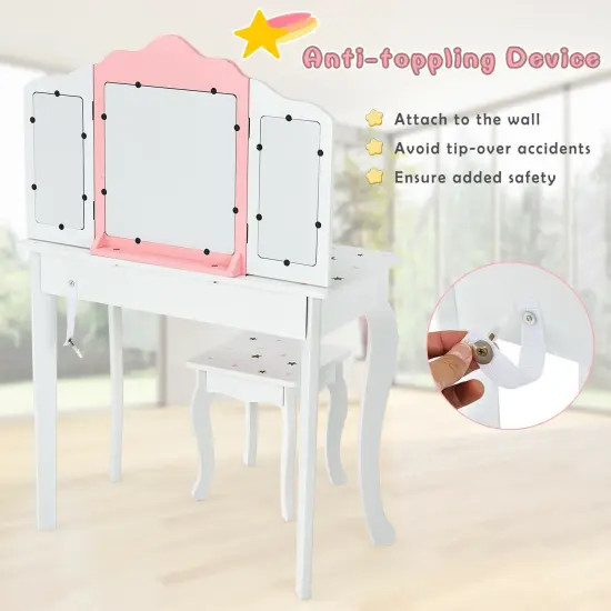 Kids Vanity Princess Makeup Dressing Table Chair Set with Tri-folding Mirror White {1}