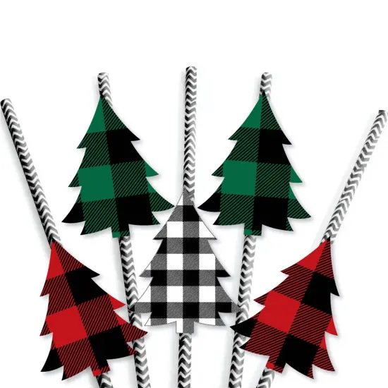 Big Dot of Happiness Holiday Plaid Trees - Paper Straw Decor - Buffalo Plaid Christmas Party Striped Decorative Straws - Set of 24 {7}