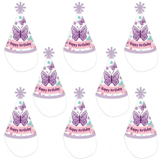 Big Dot of Happiness Beautiful Butterfly - Cone Happy Birthday Party Hats for Kids and Adults - Set of 8 (Standard Size) {7}