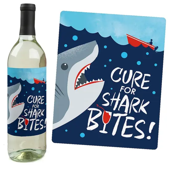 Big Dot of Happiness Shark Zone - Jawsome Party Decorations for Women and Men - Wine Bottle Label Stickers - Set of 4 {4}